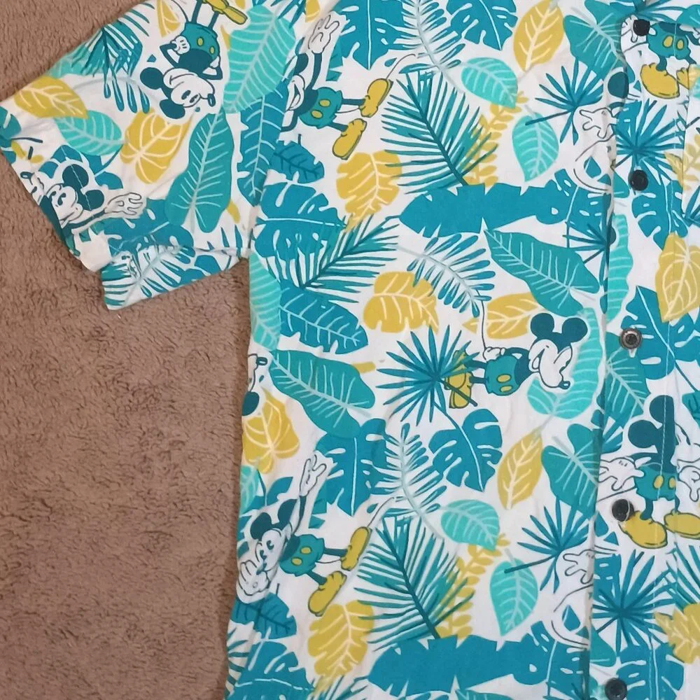 Disney/Mickey Mouse Hawaiian Shirt/Men M/Teal White Yellow/Tropical Vacation Alo - Picture 5 of 8